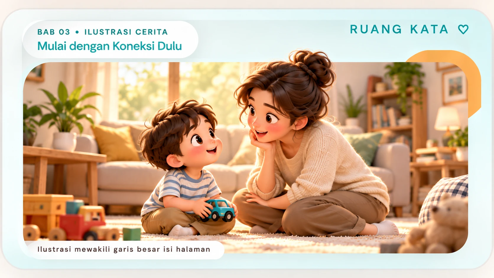 Ilustrasi 3D orang tua mendengarkan anak dengan hangat