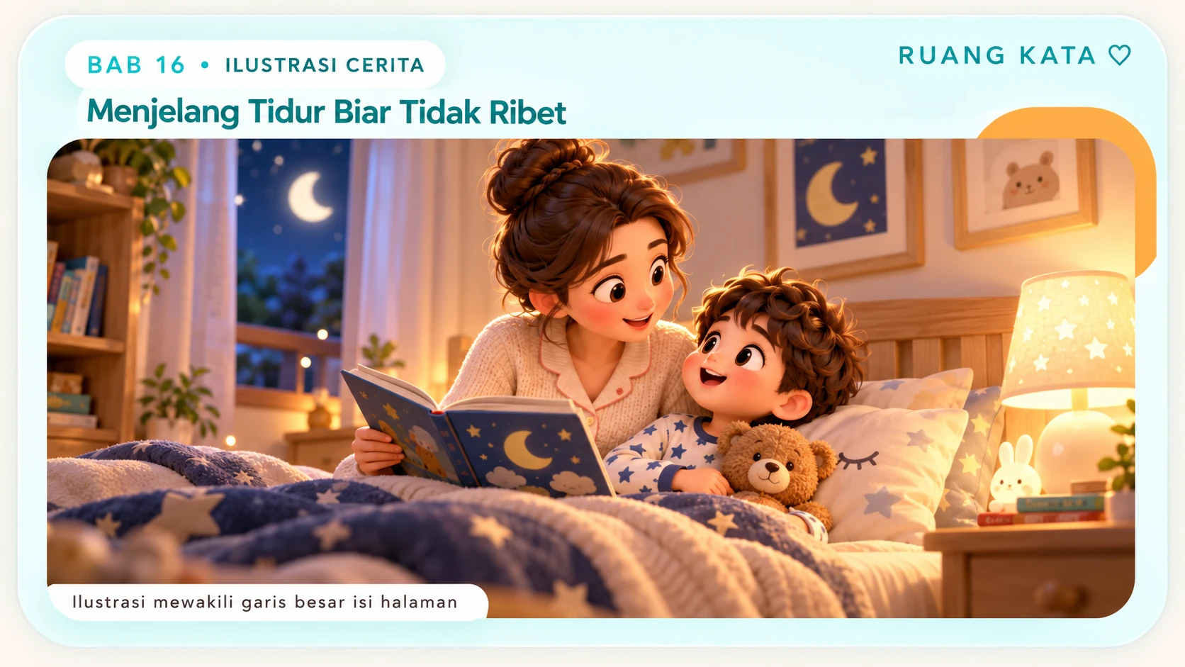 Ilustrasi orang tua membacakan buku sebelum tidur